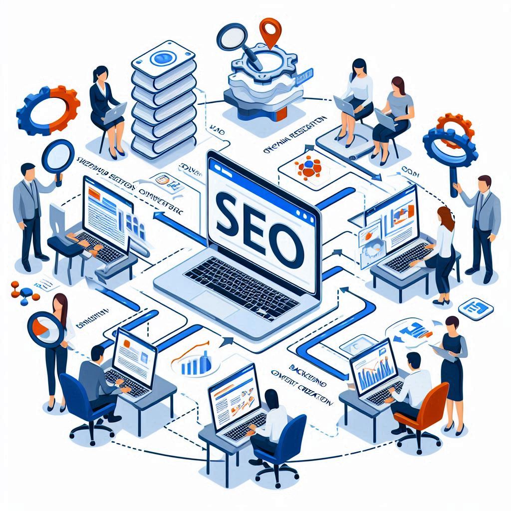 Uma imagem com pessoas em frete ao computador a trabalharem no SEO - Search Engine-Optimization