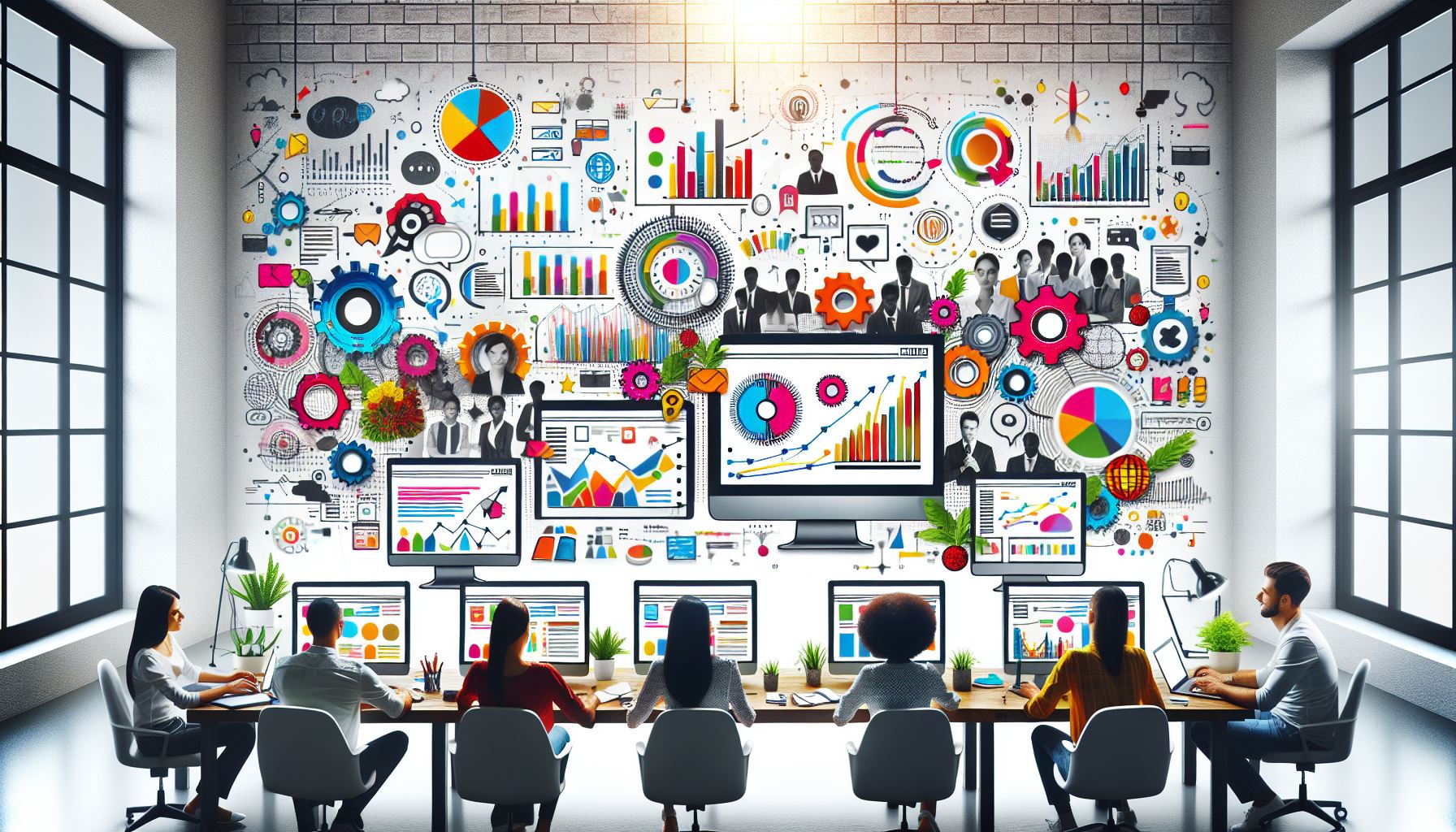 Equipa de profissionais em ambiente de escritório moderno com gráficos de negócios e análise de dados infográficos na parede