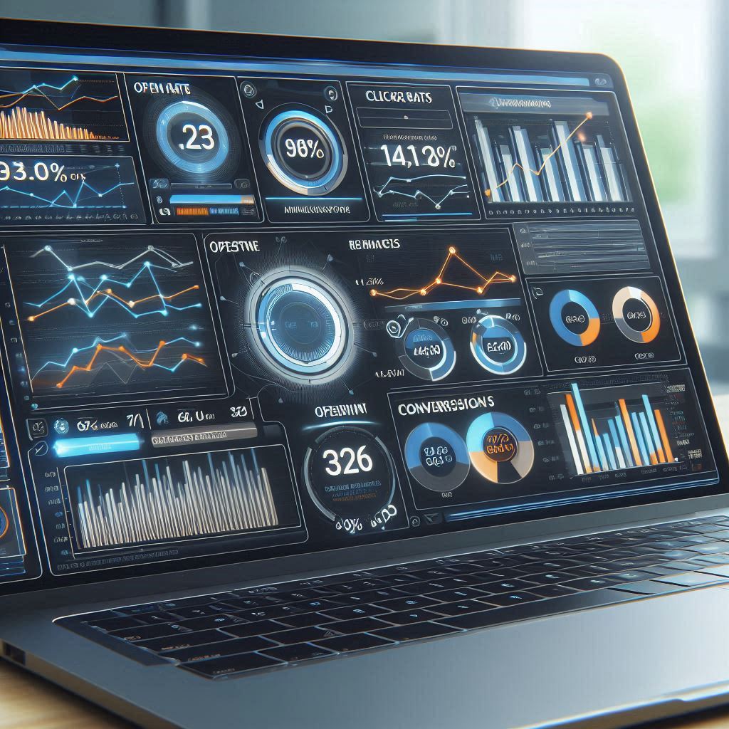 Uma imagem com um computador portátil, com vários gráficos e informações no monitor,