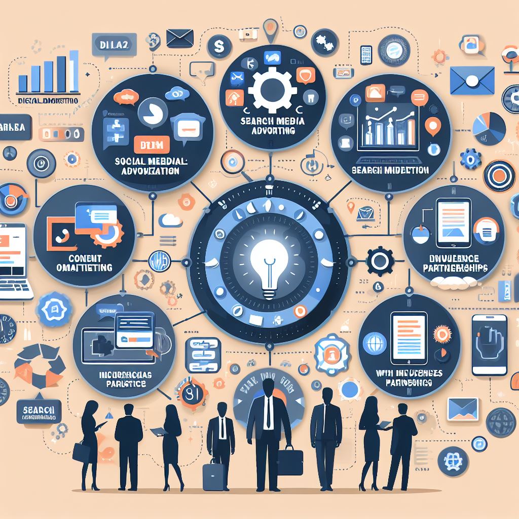 Uma imagem composta por um circulo no centro com uma lampada, e seis círculos em volta ligados ao centro, que representam as principais estrategias de Marketing Digital.